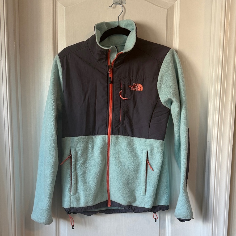The North Face Light Blue, Gray, and Peach Fleece Jacket